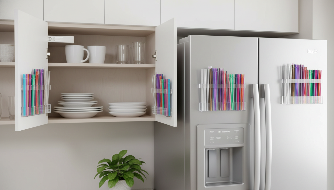 Clear Adjustable Straw Dispenser for Cabinet or Fridge