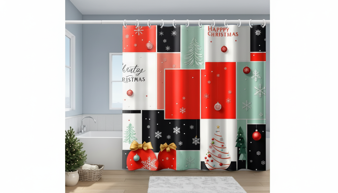 Modern Geometric Christmas Shower Curtain (Hooks Included)